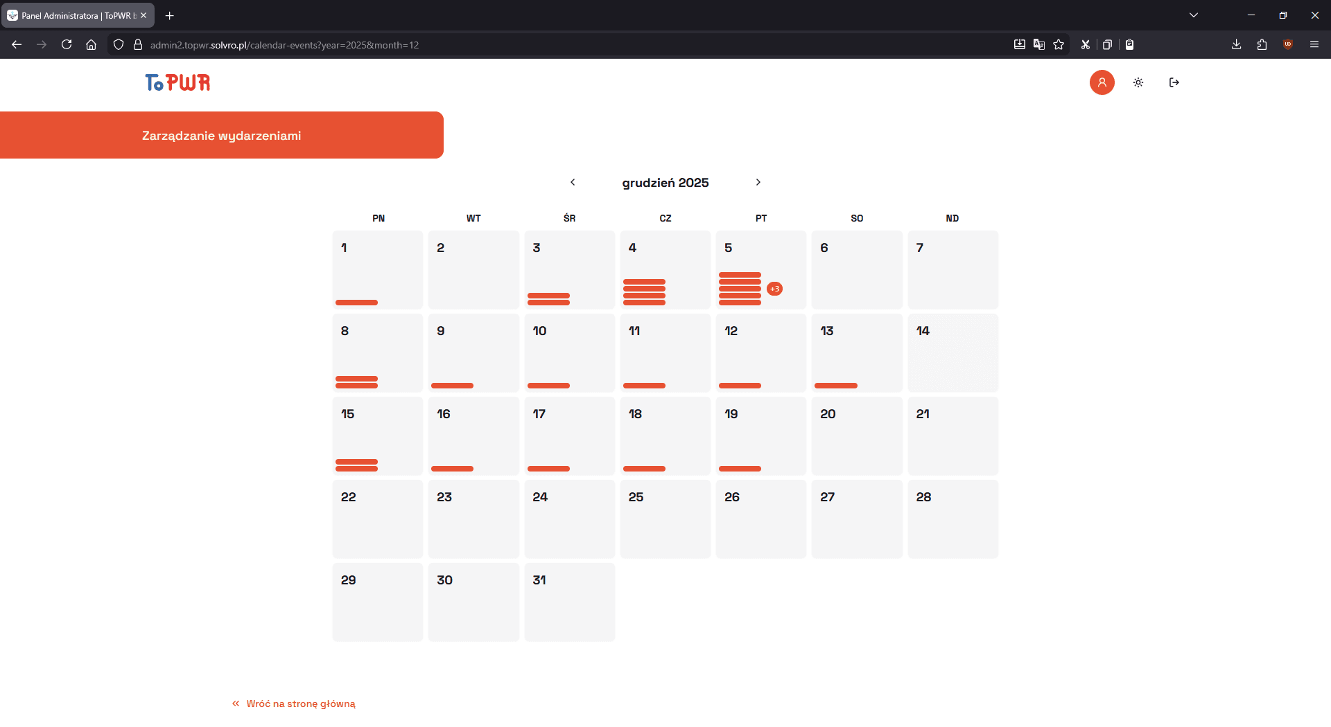 ToPWR Admin Panel Events Calendar