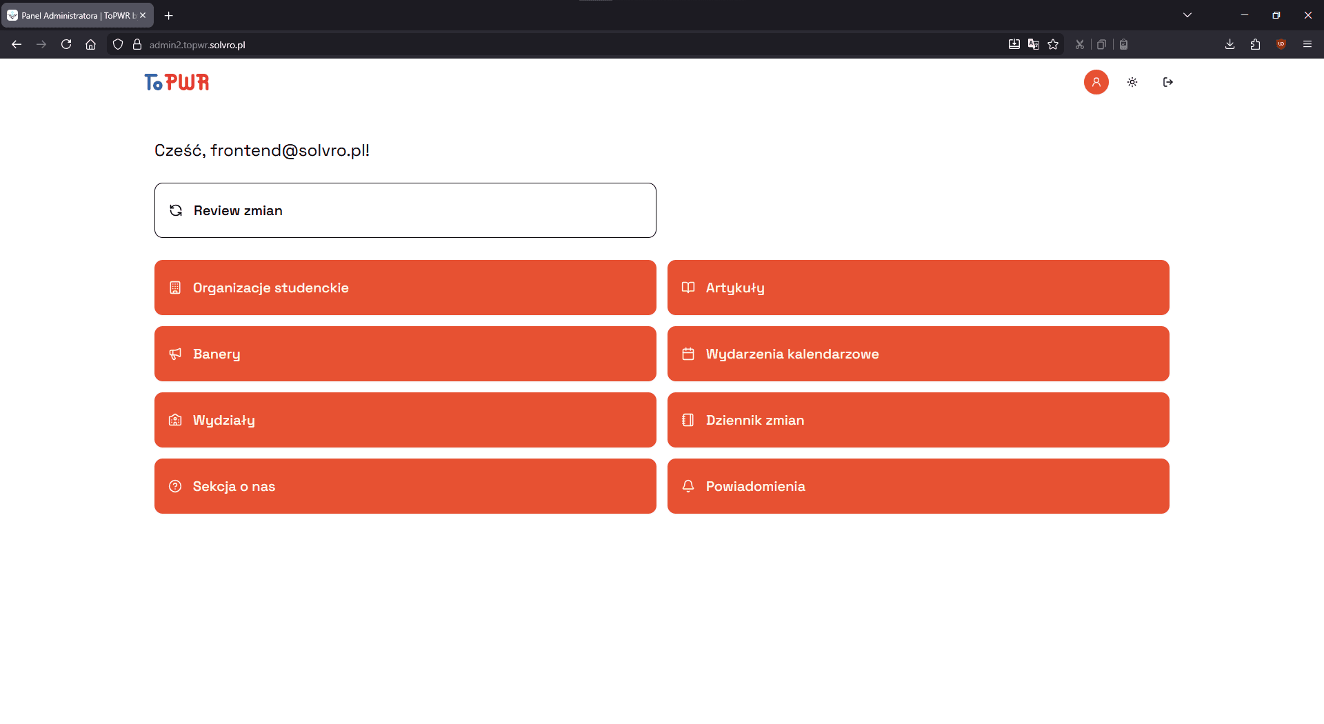 ToPWR Admin Panel Dashboard with category management buttons