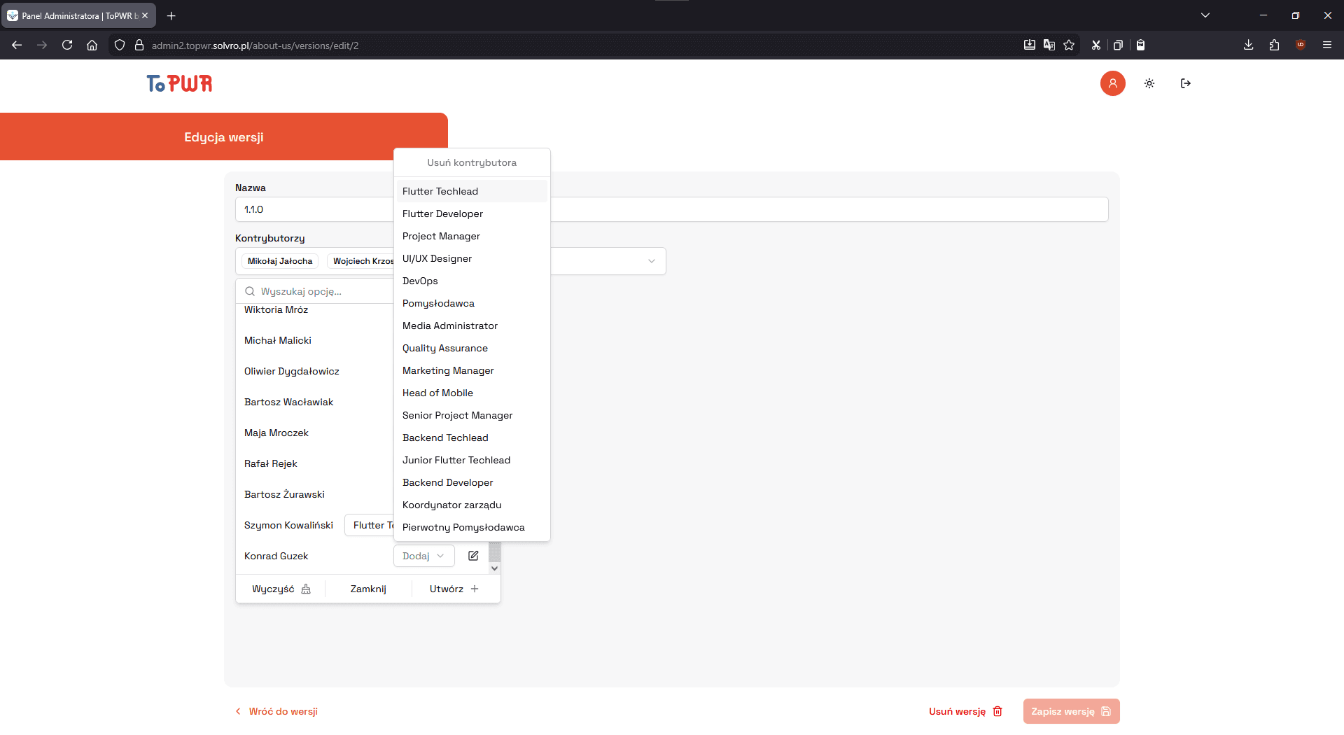 ToPWR Admin Panel Contributors Pivot Fields Form