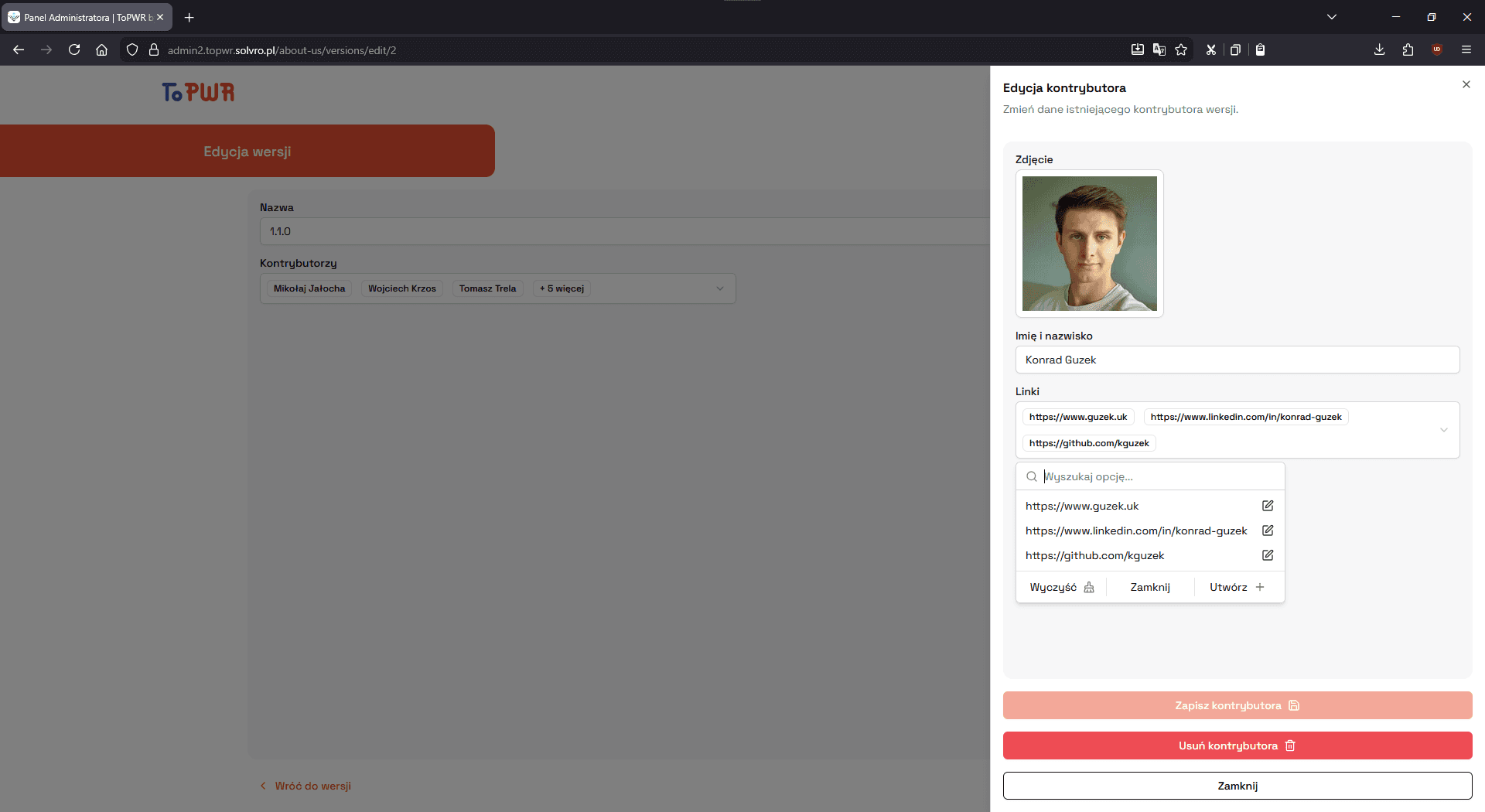 ToPWR Admin Panel Contributors Relation Form