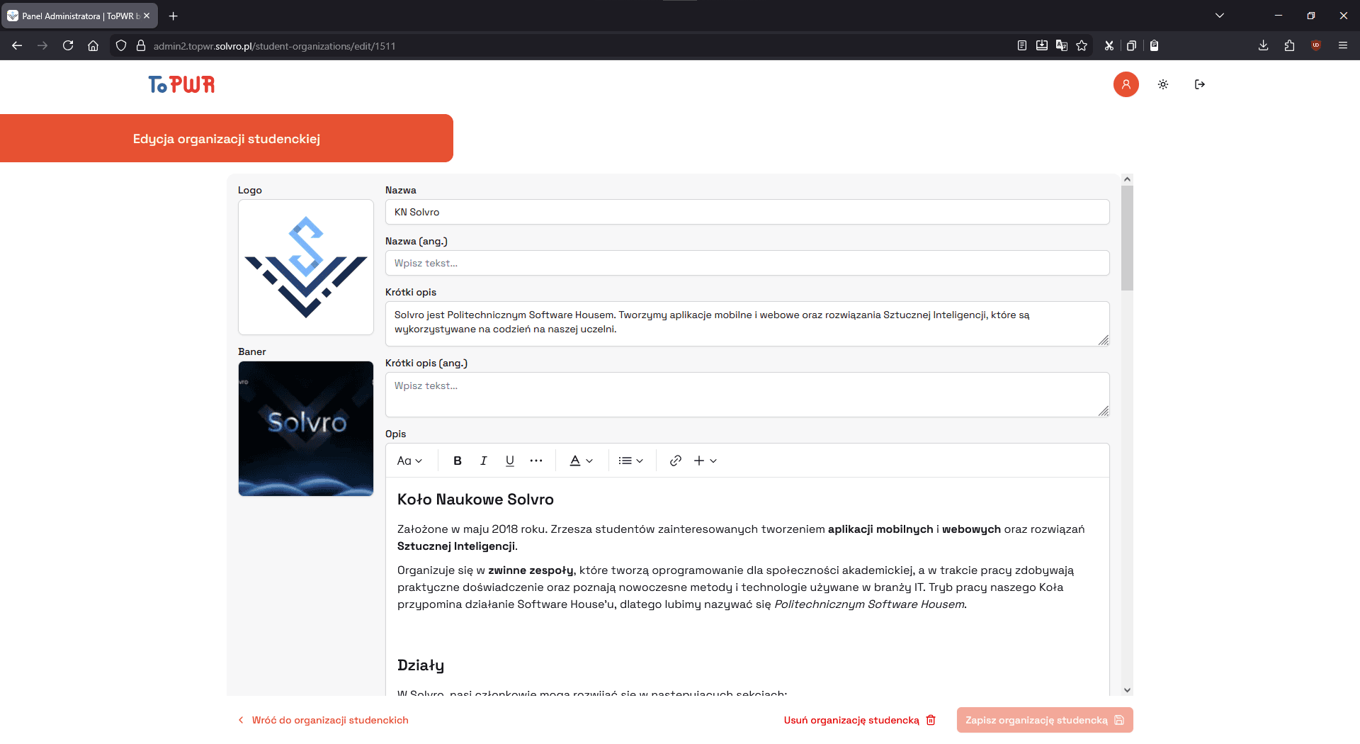 ToPWR Admin Panel Organization Edit Form