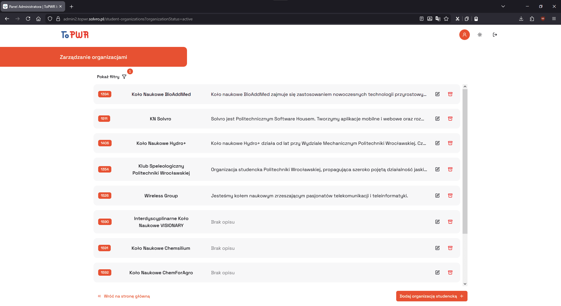 ToPWR Admin Panel Student Organizations List
